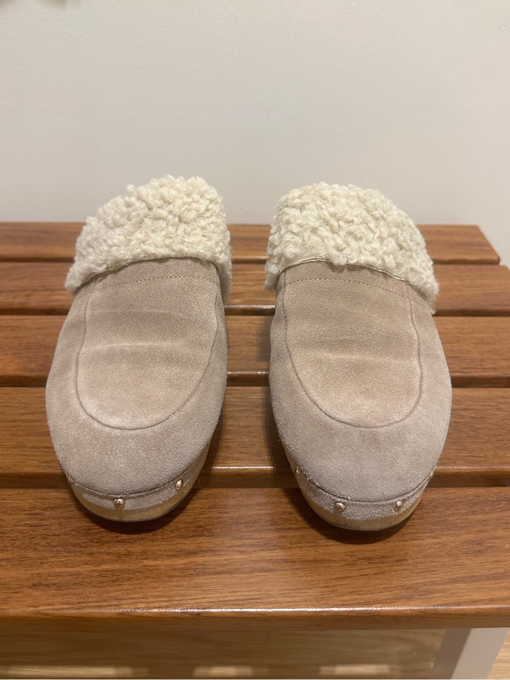 Crown Vintage Beige Taupe Suede Mules with Cream Shearling Cuff